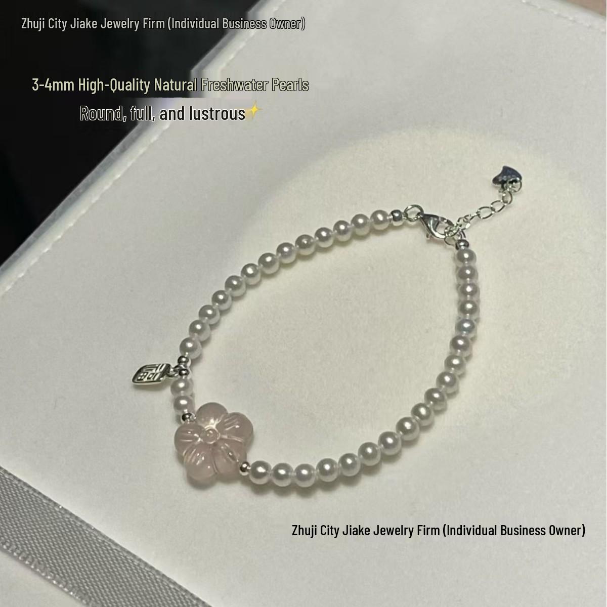 

Fortune-Attracting Rose Quartz and Pearl Bracelet with Sterling Silver, Light Pink Flowers Other