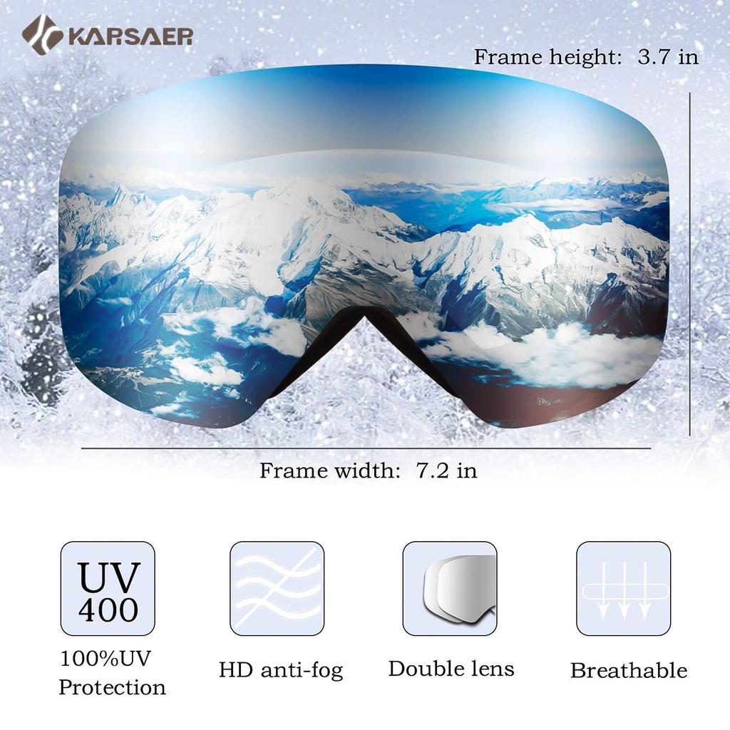 Karsaer Snowboarding and Skiing Goggles with Magnetic Upgraded OTG Double UV Glasses Lightweight and Impact Unisex Sports Goggles for Hiking and