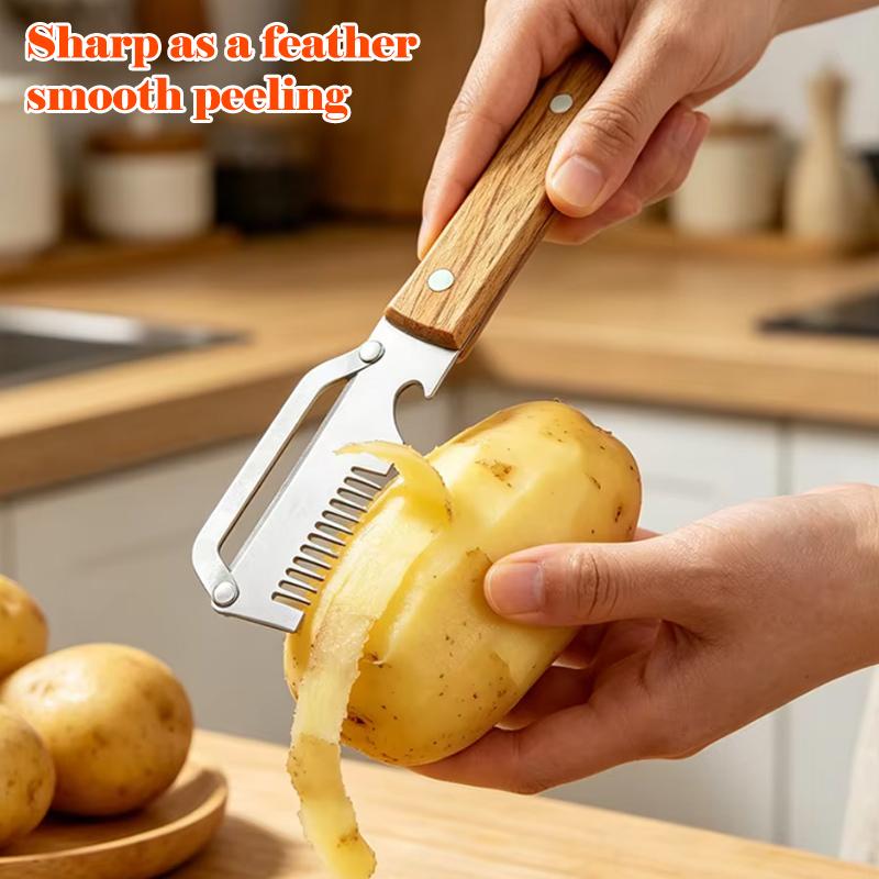 3-in-1 Serrated Peeling Knife Premium Vegetable Peeler With Wooden Handle And Bottle Opener Kitchen Tool Smooth Operation