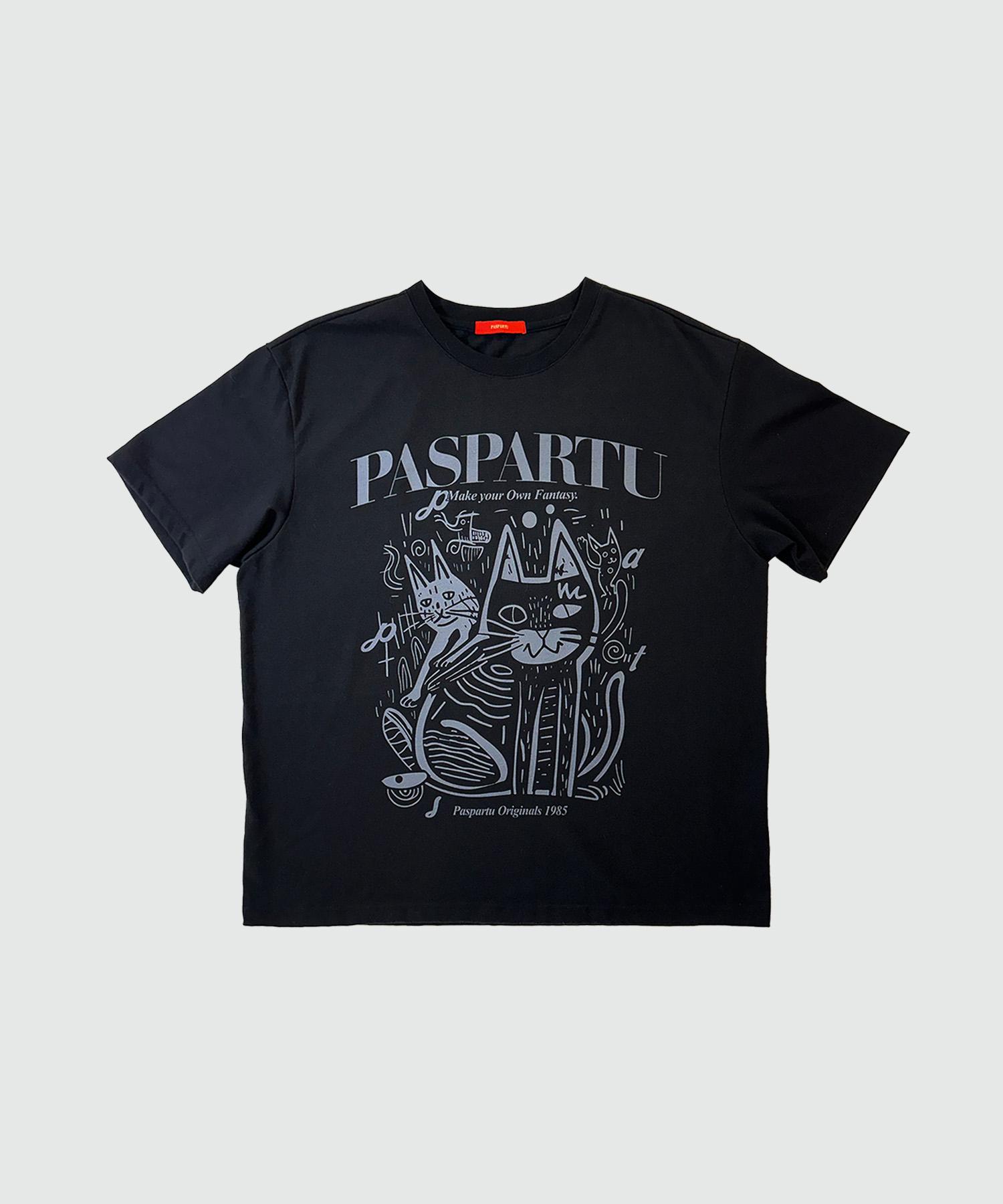 Paspartu Doodle Cats Graphic Short Sleeve T-Shirt Black M