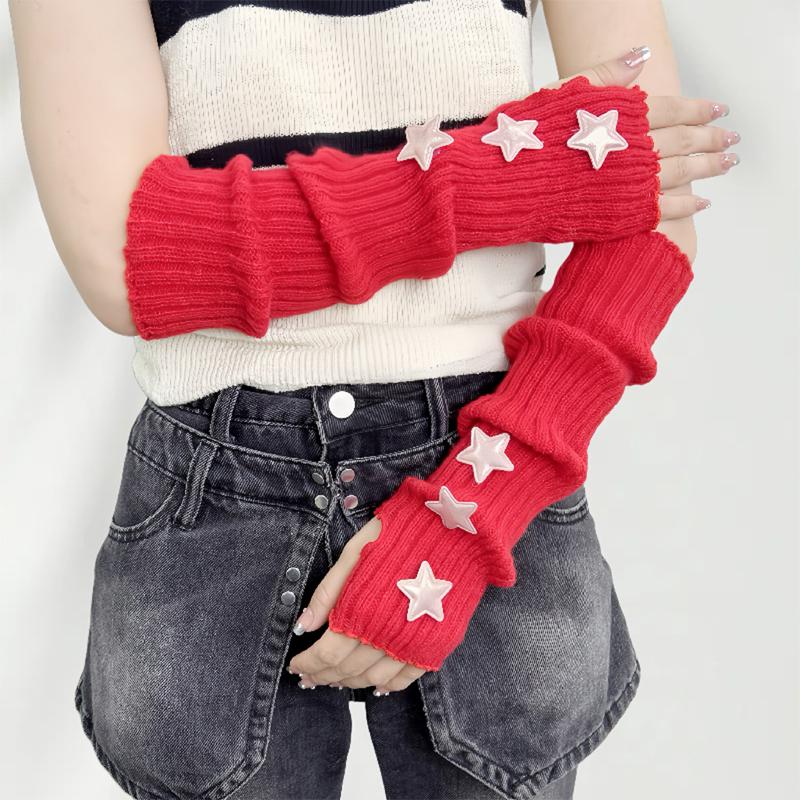 Fingerless Gloves Red Sleeves Sweet And Cute Girl Wool Knitted Christmas Star Arm Sleeves