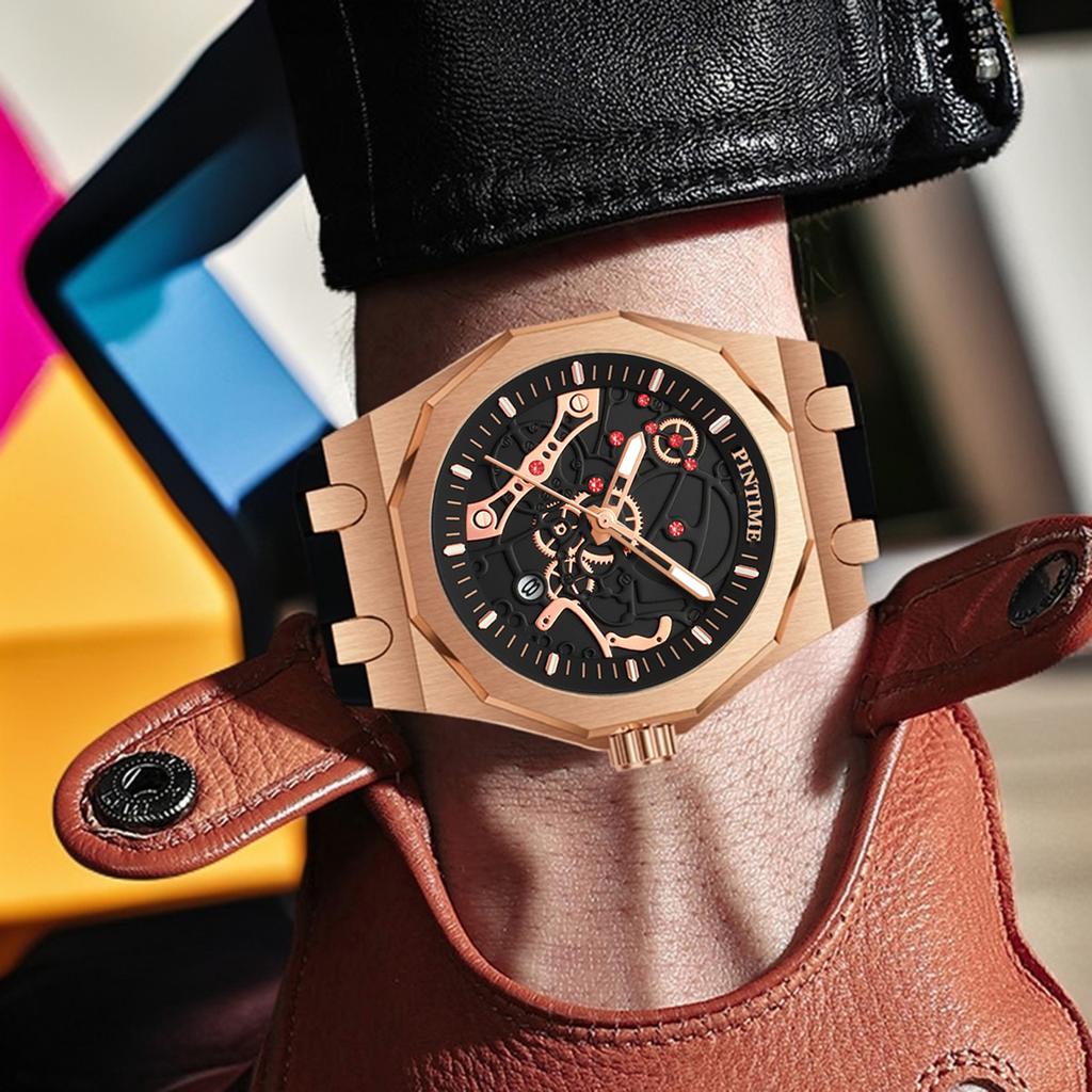 Premium Luxury Sports Watch for Men Water Resistant Automatic Mechanical Stone Style Timepiece Men's Wristwatch Retro Watch