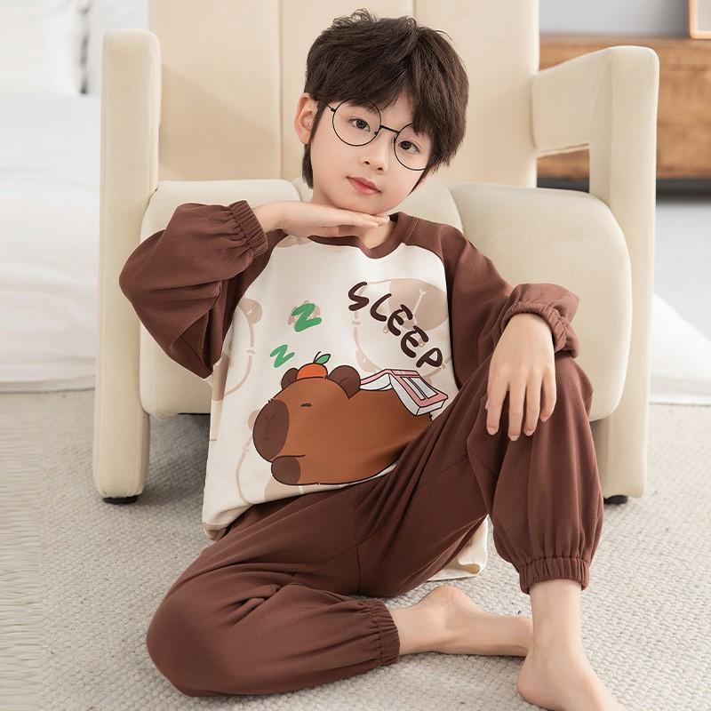100% Combed Cotton Boys Pajama Set Long Sleeve Cartoon Print Sleepwear Teens 8 Years Lightweight Home Wear