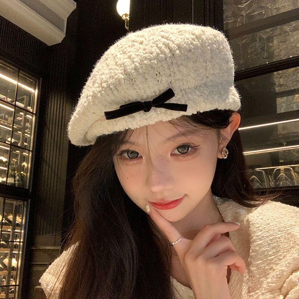 Bow Women Plush Beret Adjustable Newsboy Cap Retro Summer Tourism Beret  Autumn and Winter