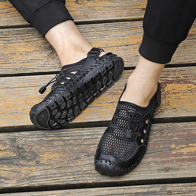 Mens Genuine Leather Sandals  Closed Toe Sandals Hand-stitched Summer Men Sandals Breathable Outdoor Men Beach Sandals