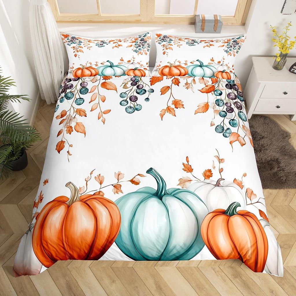 Autumn Pumpkin Soft Duvet Cover Ful Quen Fal Leaves Boho Floral Beding Set Farmhouse Harvest Home Decor,Thanksgiving Comfortable Quilt Cover