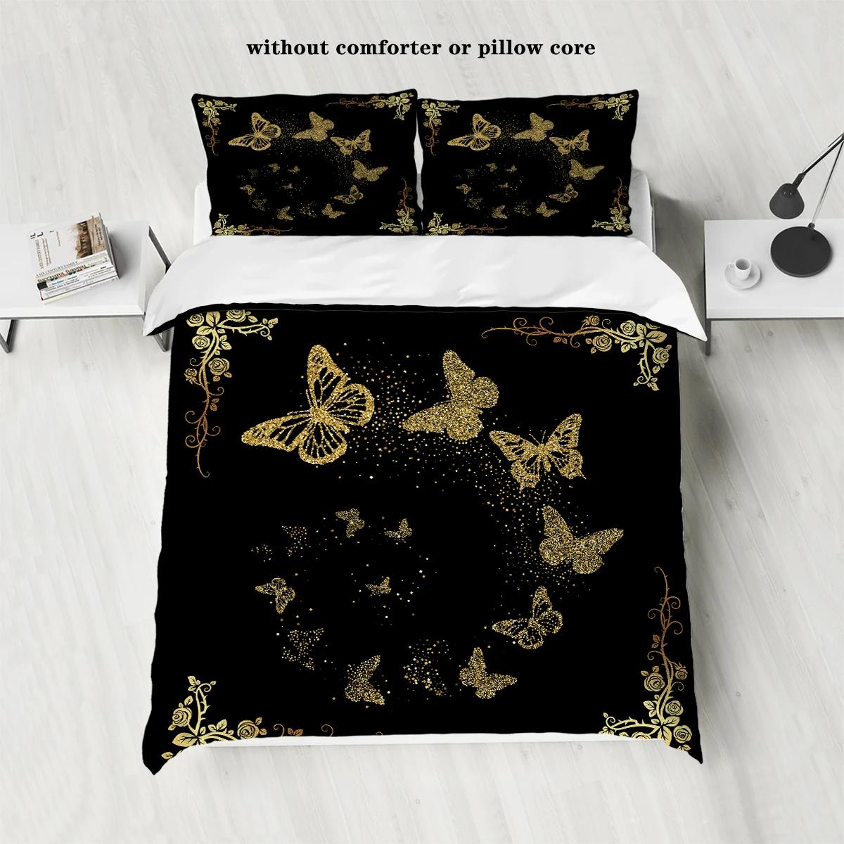 

3-Piece Set Of Golden Butterfly Printed Down Duvet Covers (1 Down Duvet Cover+2 Pillowcases, No Core) Soft Bedding Set EU Twin(135x200cm)