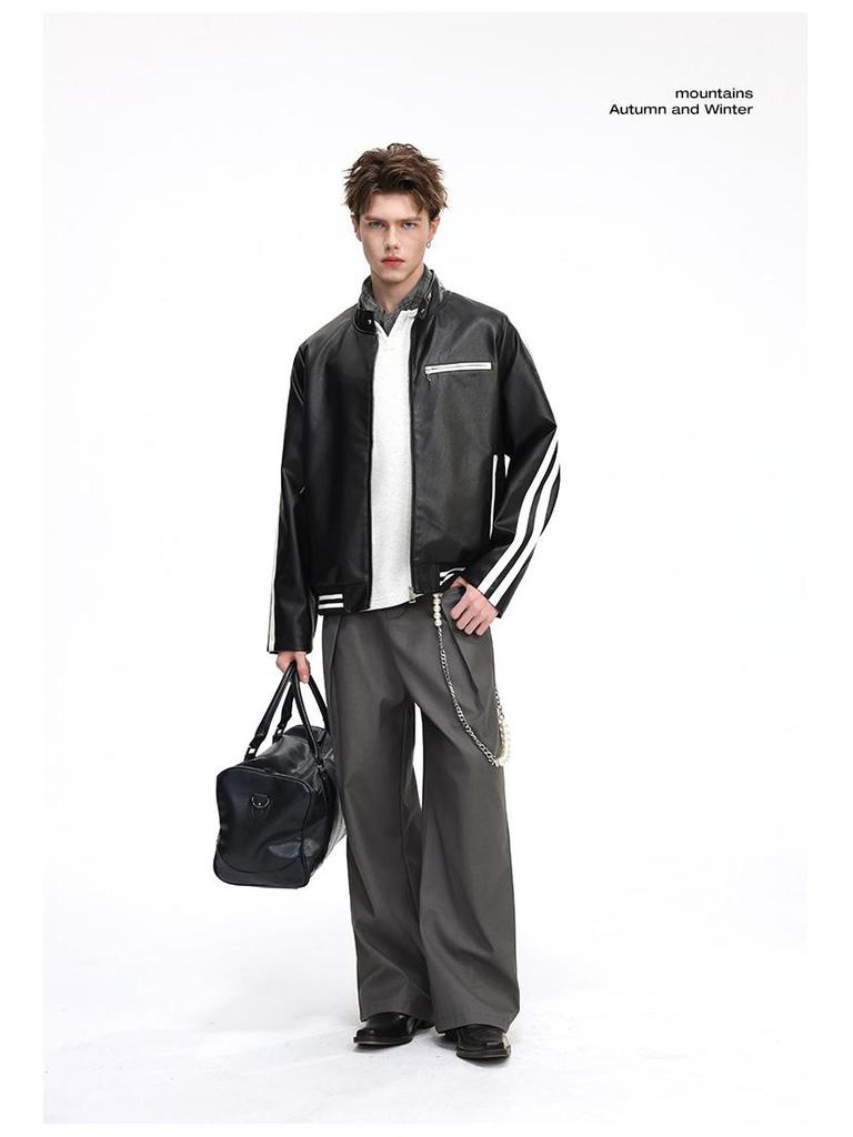 Herren Trendy Lederjacke mit Stehkragen - Lockere Passform, Lässig, Modisch, Bequemes Gewebe mit Schlichtem Linienmuster.