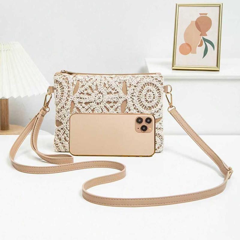 Yogodlns Korean Versatile Crossbody Crochet Bag, New Straw Woven Bag, Zipper Closure, Retro Casual Beach Flower Women's Bags