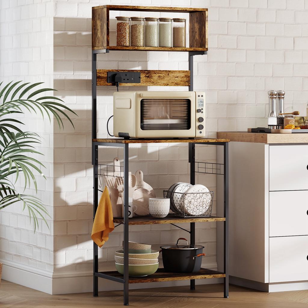 Kitchen Storage Rack Bakers Rack With Power Outlet Usb Charger Rustic Brown