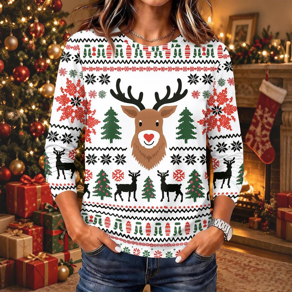 Women's Christmas Print Long Sleeve Neck Pullover Top