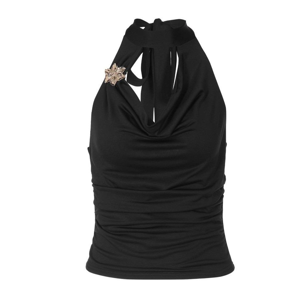 Pleated Slim Crop Top Deep V Hanging Neck Top Simple Lace-up Camisole  Lady