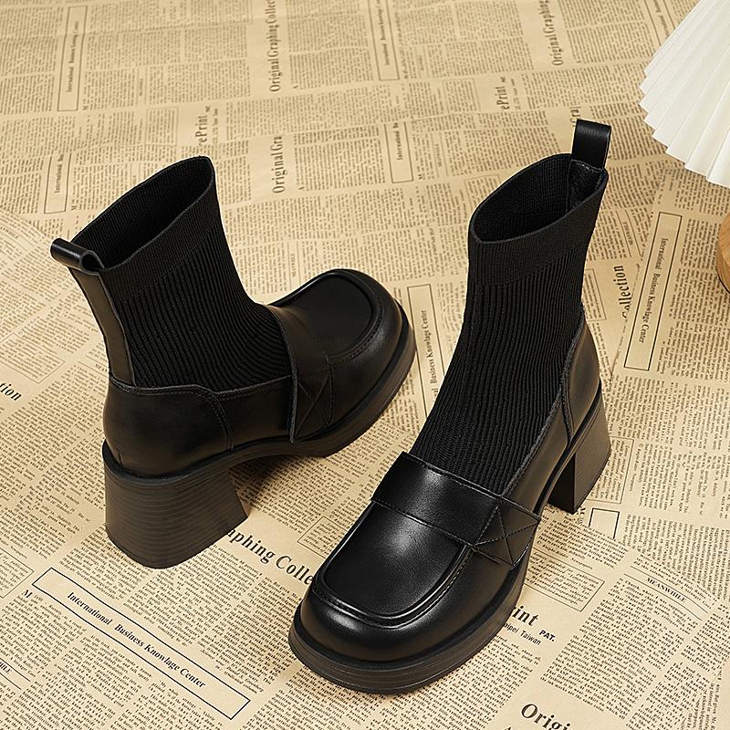 Fashion Women Ankle Boots Splicing Knitting Genuine Leather Thick Heels Shoes Woman Office Lady Working Basic Autumn Winter 2024