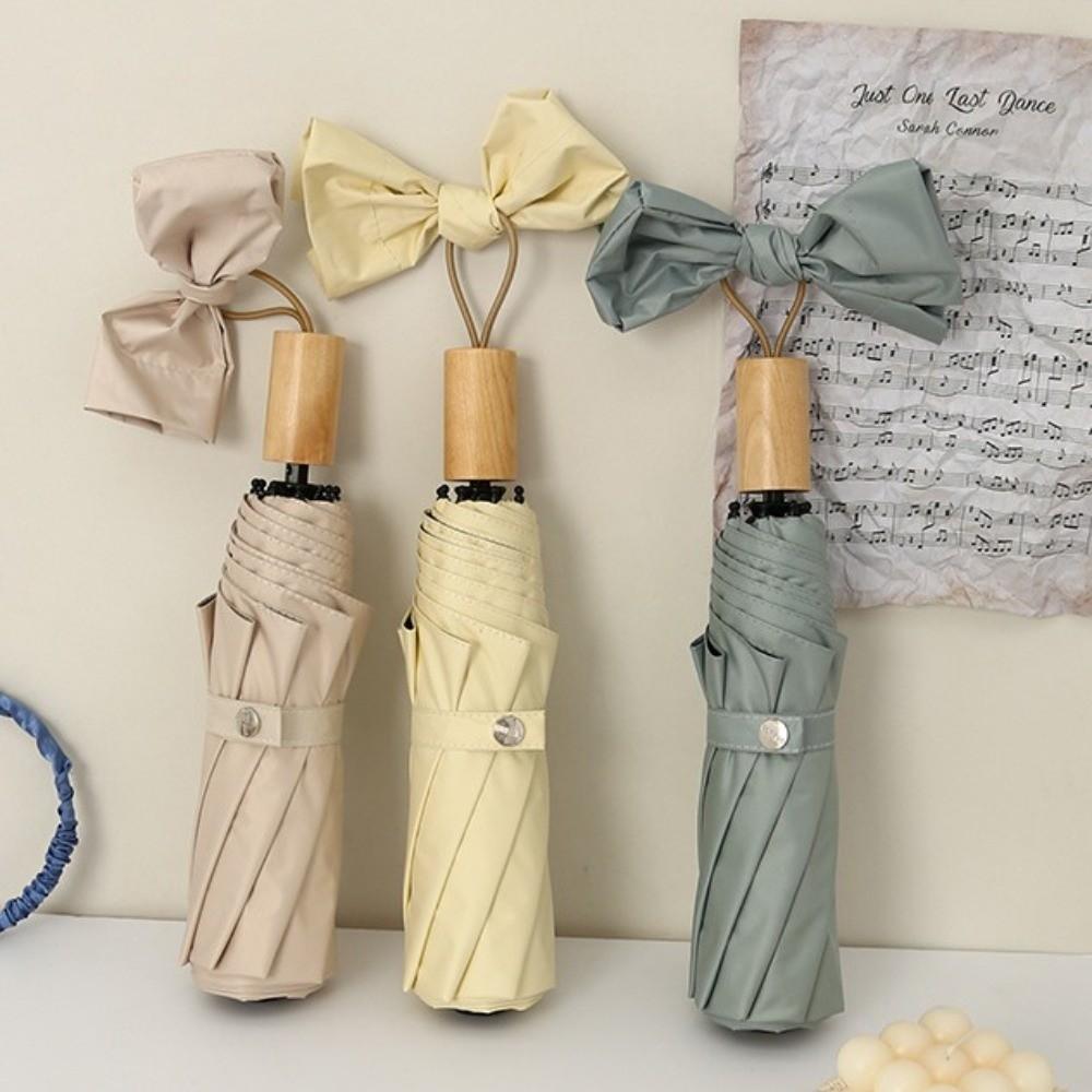 Solid Color Sunscreen Umbrella Wooden Handle Folding Sun Umbrella Rain Umbrella  Outdoor