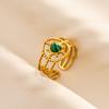 Green Striped Stone Vintage Gold Color Stainless Steel Open Adjustable Rings For Women Men Accessories Finger Jewelry Sun Flower