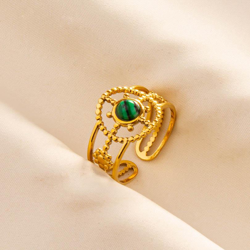Green Striped Stone Vintage Gold Color Stainless Steel Open Adjustable Rings For Women Men Accessories Finger Jewelry Sun Flower
