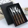 Glossy Silver Wooden Western Food Knife Fork Teaspoon Cutleries 304 Stainless Steel Dinnerware Sets 4Pcs