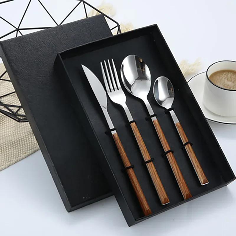 Glossy Silver Wooden Western Food Knife Fork Teaspoon Cutleries 304 Stainless Steel Dinnerware Sets 4Pcs