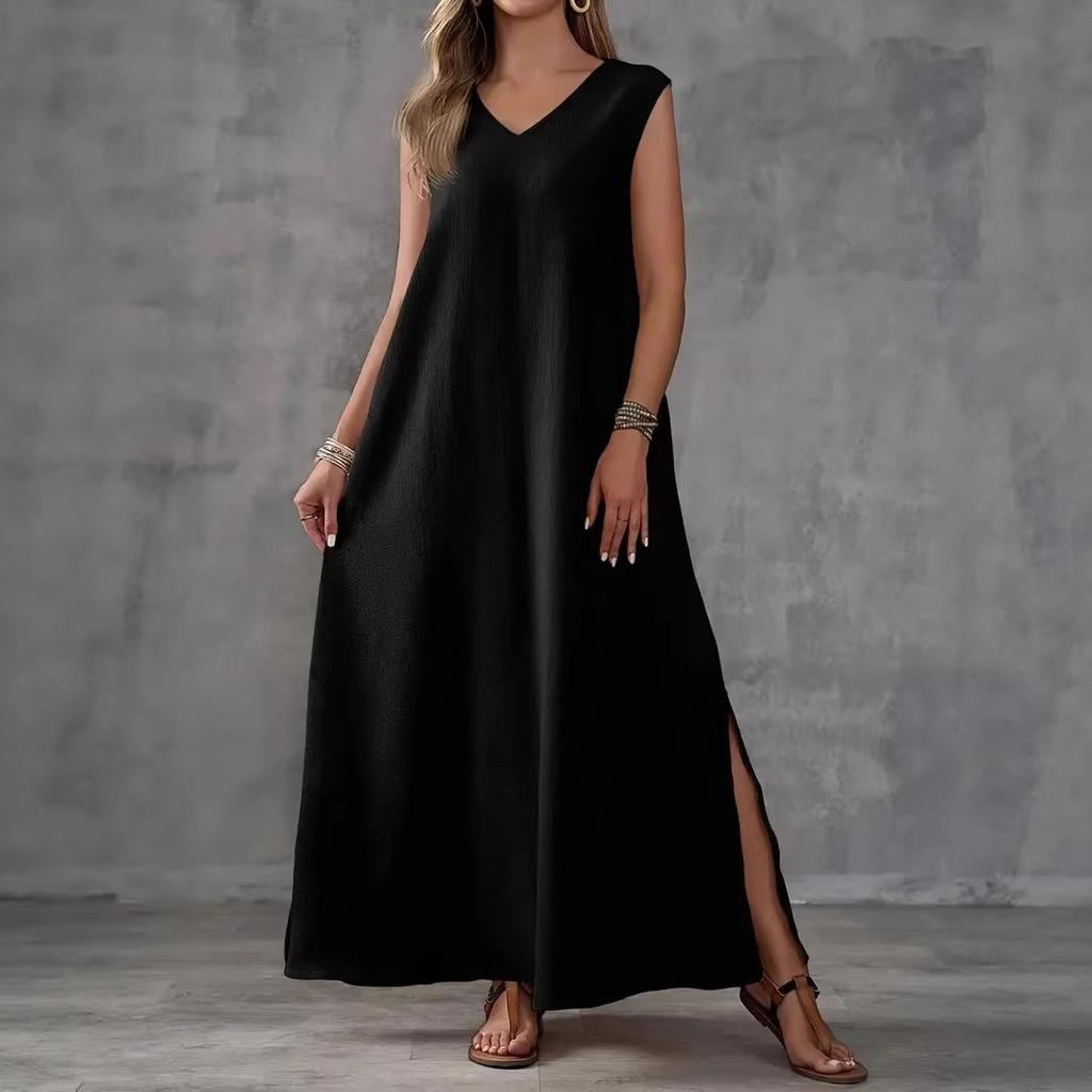 Summer women's sleeveless V-neck side split solid color two-piece combination fashionable long dress