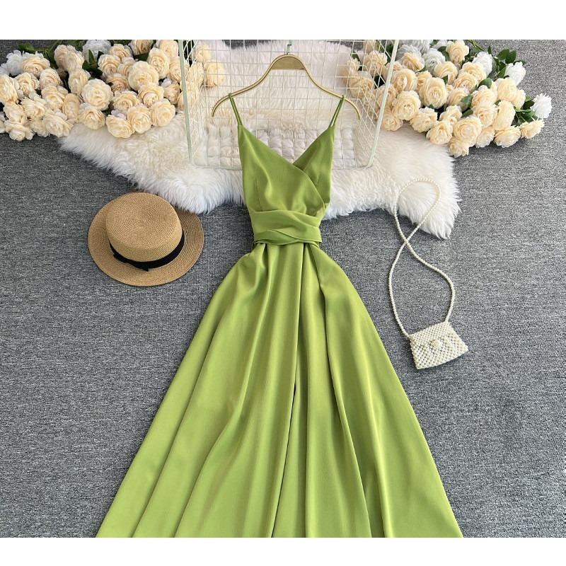 

YYFS Женская мода лето весна однотонный принт без рукавов V-образный вырез высокая талия повседневные платья XL