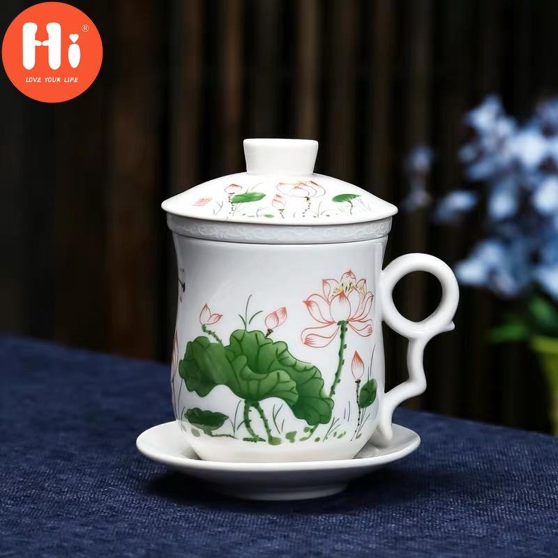 Hi Blue and White Porcelain Office Teacups with Lid Filter Creative Ceramic Hand-Painted Water Cups Household Drinkware Gifts