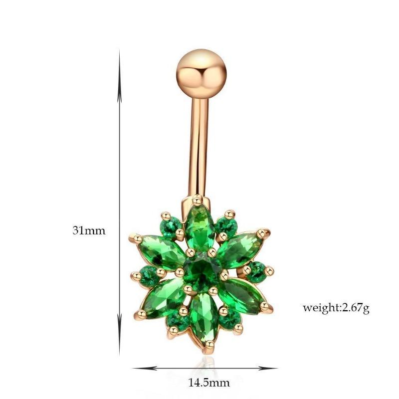 Bauchnabelpiercing aus 316L-Edelstahl, grüne Blume, Kristall, Gold, Bauchnabelpiercing-Schmuck