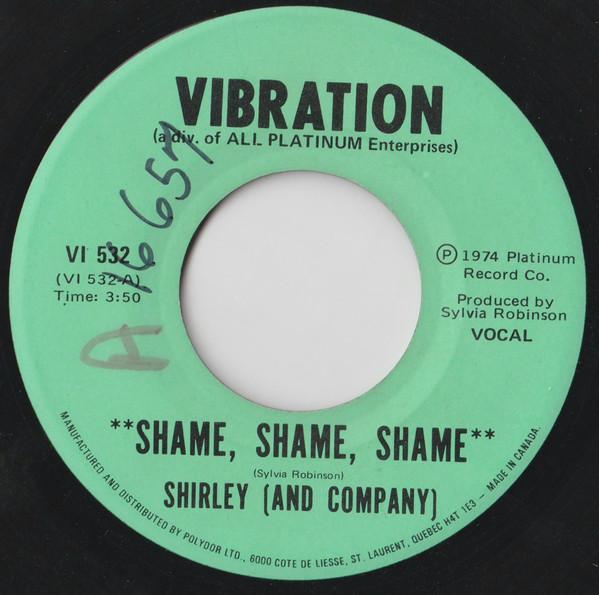 

7-дюймовая пластинка SHIRLEY COMPANY Shame Shame Shame VI532 Вибрация 1974 Канада SoulFunk Б/у
