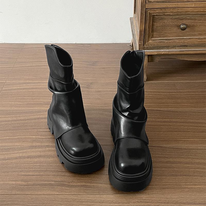 

Vintage Maillard brown thick-soled thick-heeled Martin boots women s 2025 new summer height-increasing and thin short boots 35 чёрный