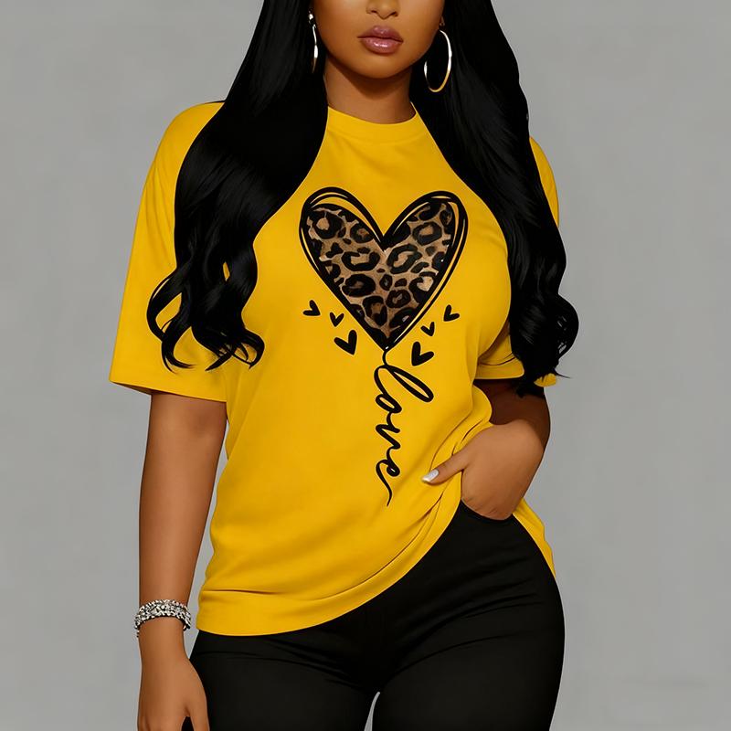 Women Summer Tee Leopard Love Heart Printed T Shirt - Fashion Short Sleeve Top