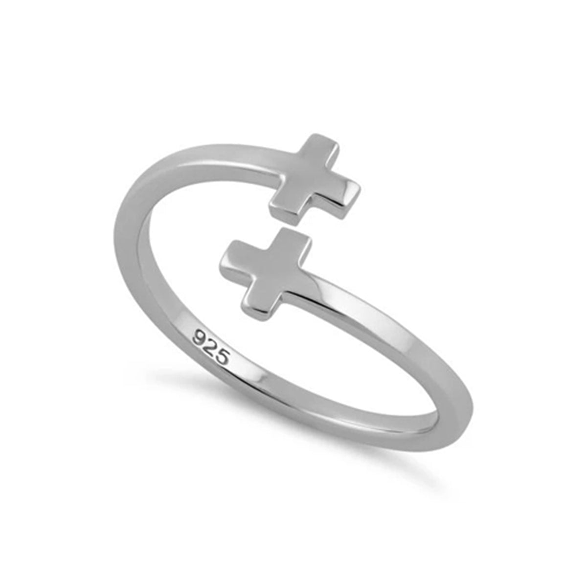 925 Sterling Silver Double Cross Open Adjustable Women Ring 11