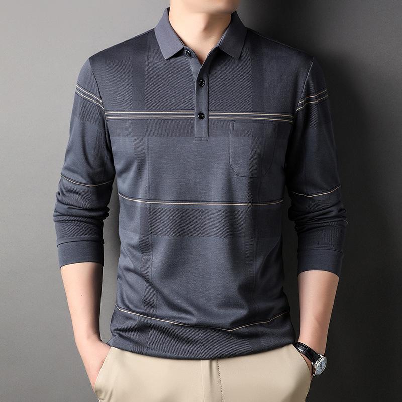 Fall Winter Men Long-Sleeved T-shirt Fashion Casual Polo Collar Striped Polo Shirt Daddy Men's Outfit Bottoming Shirt Top T-shirt Men
