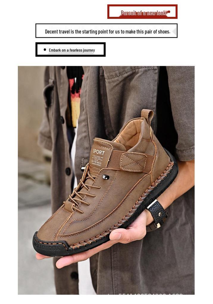 New Bestseller Plus Size Hand-stitched Microfiber Leather Men's Non-slip Mid-top Casual Shoes
