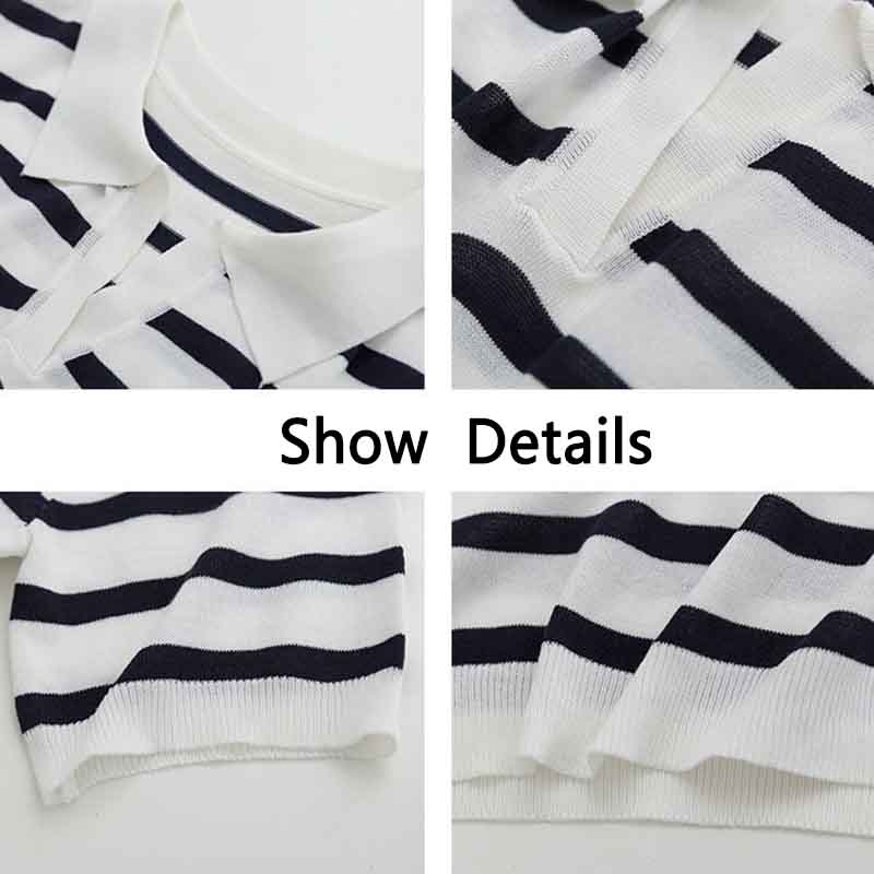 Striped Knitted Sweater Polo Collar Short Style All-match Short-sleeved T-shirt Women Xia Bingsi High-end Lapel Top Women