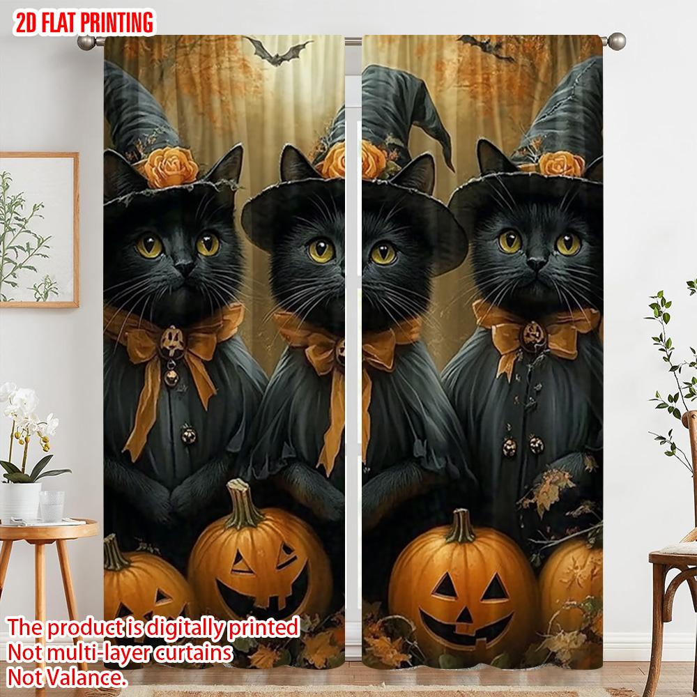 2pcs  2D plane printing Contemporary Curtains Witch Black Cat and pumpkin themed Durable 100% Polyester Fabric (without rod)