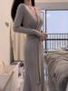 2025 Women's V-neck Tie-up Long Sleeve Knit Dress - Autumn Slimming Midi Skirt
