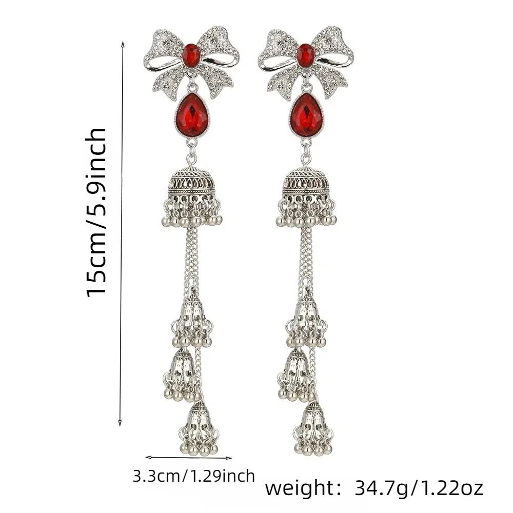 Ethnic Jewelry for Women Gypsy Tribal Retro Antique Crystal Bowknot Beads Bells Tassel Long Earrings