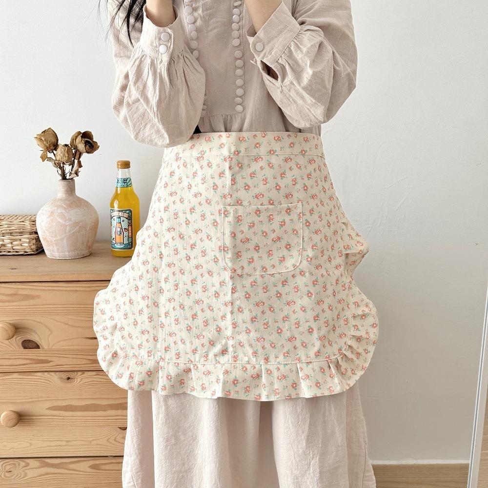 Comfortable Korean Style Floral Lace Apron Floral Pattern Cotton Material Work Apron with Pocket Half Body Apron Work Wear