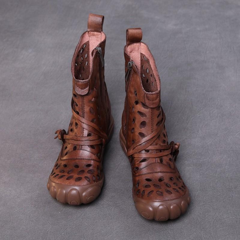 Johnature Ethnic Style Summer Boots Retro Genuine Leather Hollow-out Soft Sole Breathable Women's Shoes