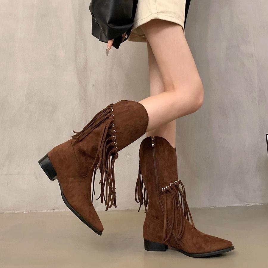 Elegant With Low Heels Pointed Toe Tassel Half High Boots For Women Spring Autumn Mid Calf Shoes Woman Large Size Chic Boot