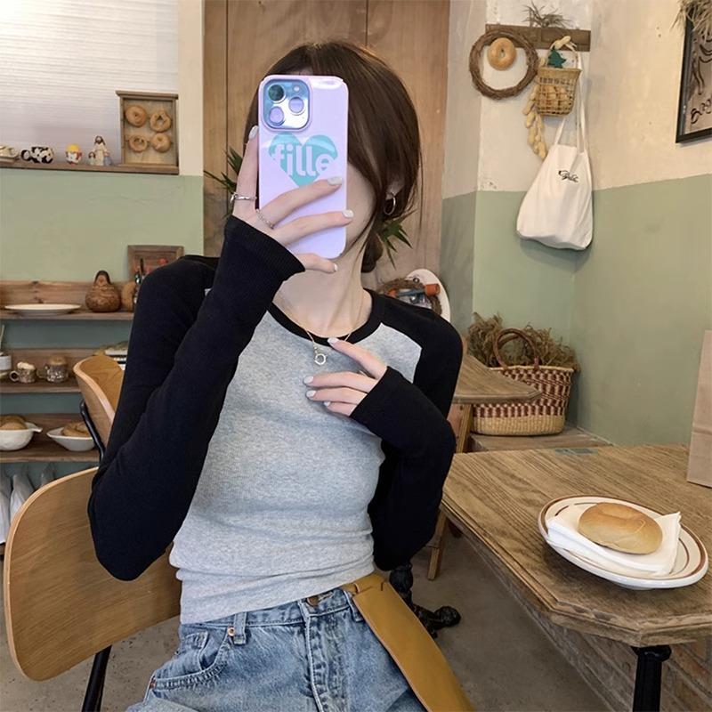 American Retro Right-shoulder Long-sleeved T-shirt for Women In Autumn and Winter with Bottoming Shirt Hot Girl Slim Short Top Design