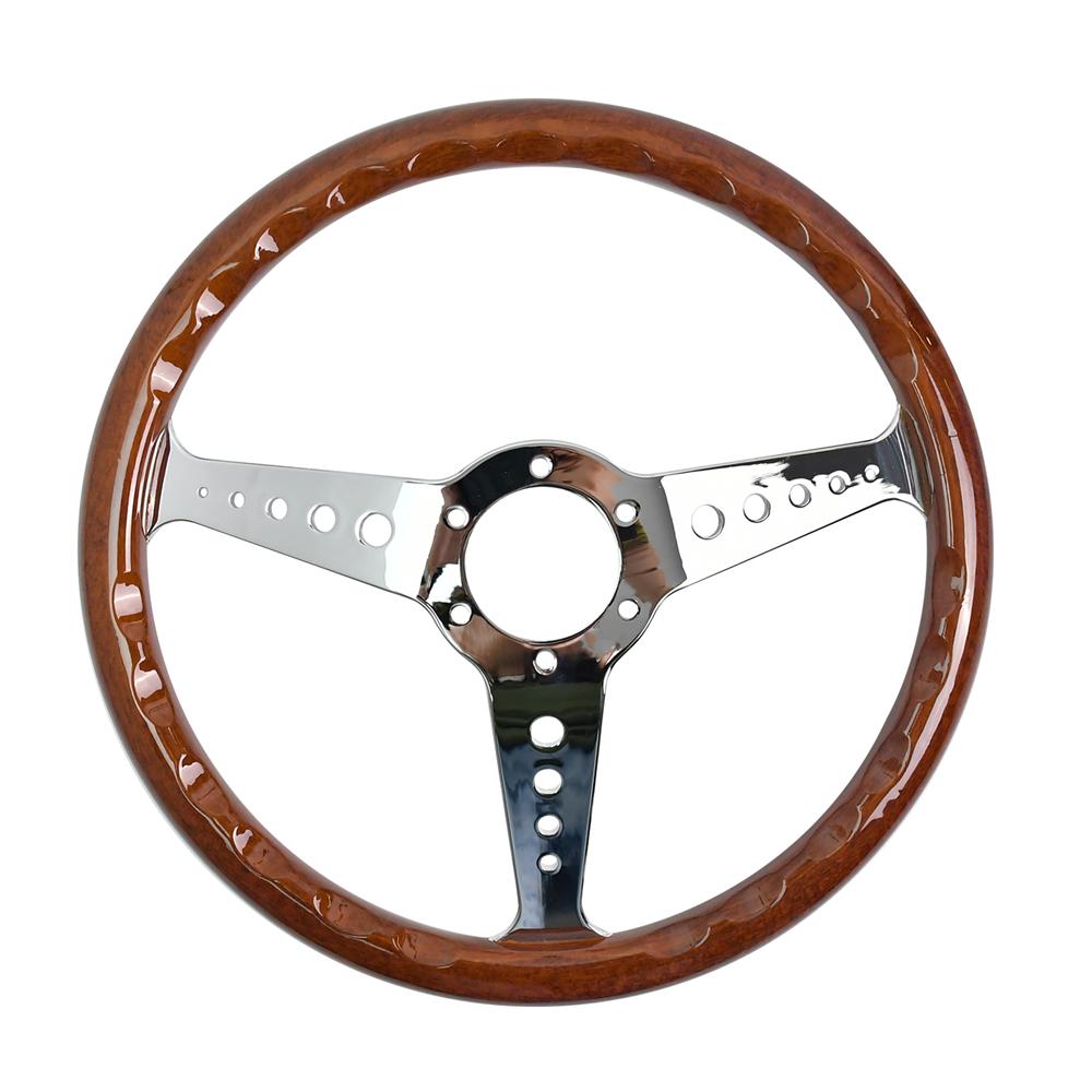 Volante Retrò Classico Effetto Legno 350mm Argento 3 Raggi Foro Tondo Staffa Volante da Corsa con Linee Gialle
