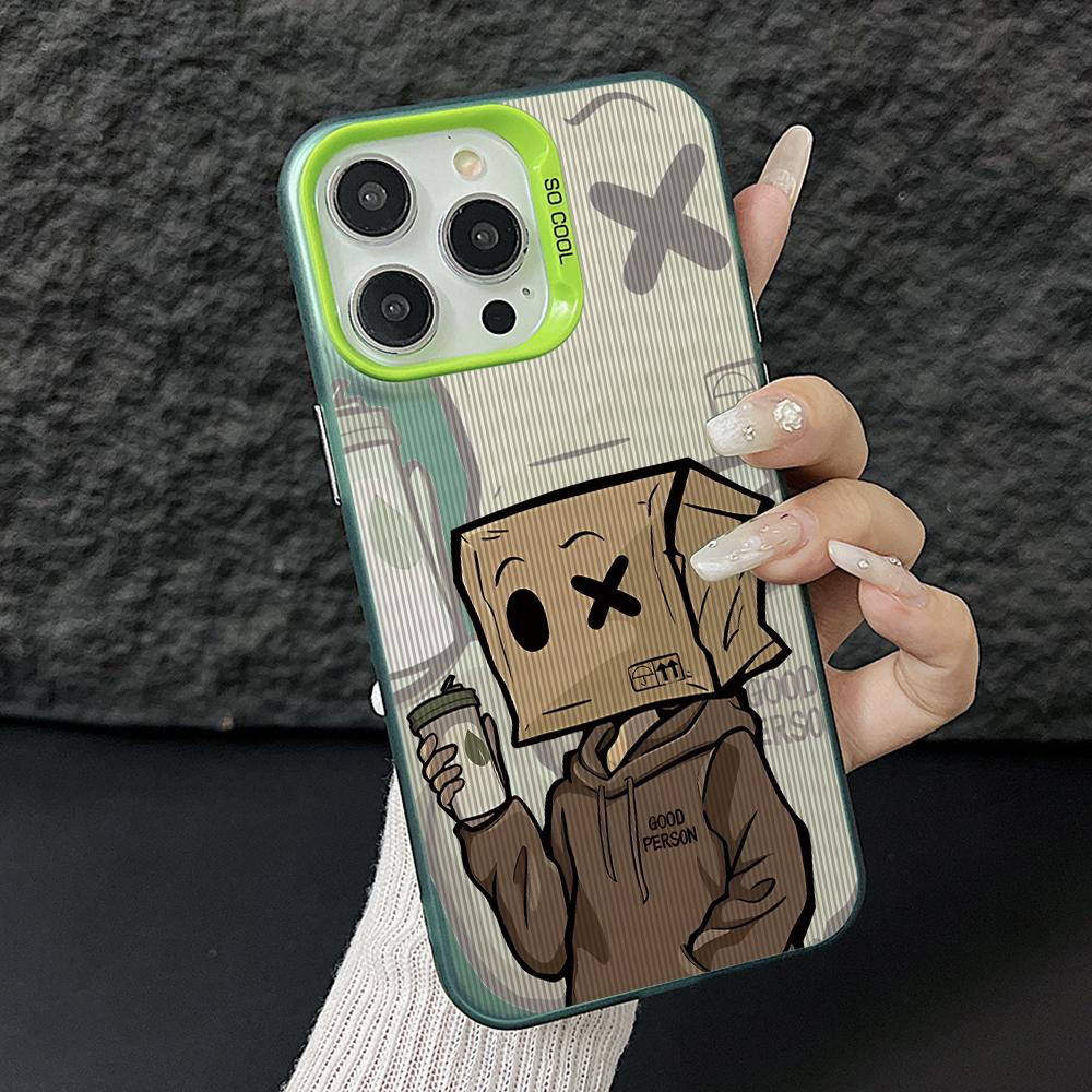 Cartoon Box Man Phone Case for iPhone 17 Air 16 16e 15 14 Plus 13 12 11 Pro Max X Xs XR 8 Colorful Silver Hard Cover