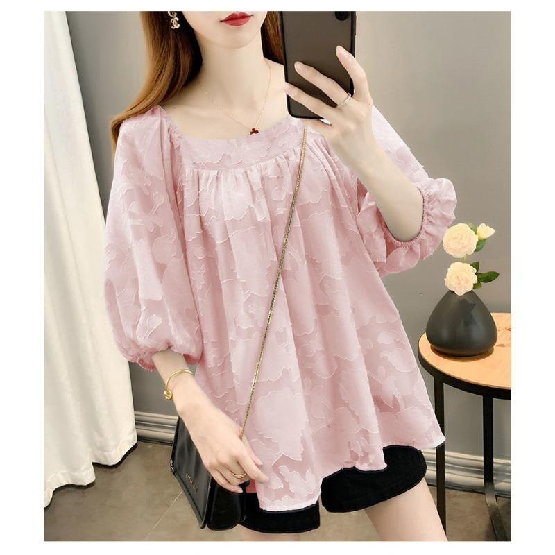 Camicia Estiva Trendy Taglie Forti Chiffon Top Manica Corta Manica a Bolla Larga Nasconde Pancia Fluido