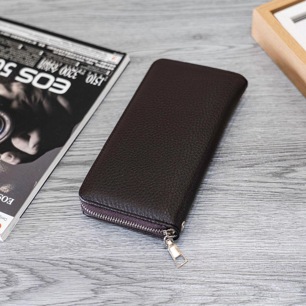 Men's Large Leather Clutch Wallet with Zip-Around Closure and Multi-Card Slots