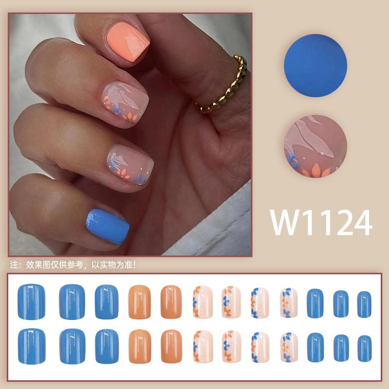 

24 шт. синего с оранжевым нейл-арта, милый маленький свежий цветочный узор, модные и милые короткие накладные ногти.