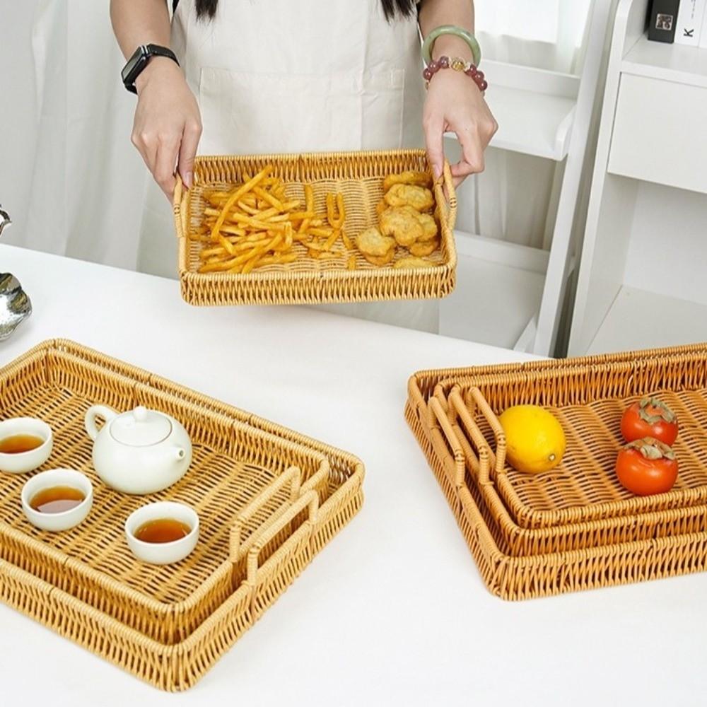 Handwoven Woven Serving Basket Woven Handheld Imitation Rattan Fruit Plate  Kitchen Storage