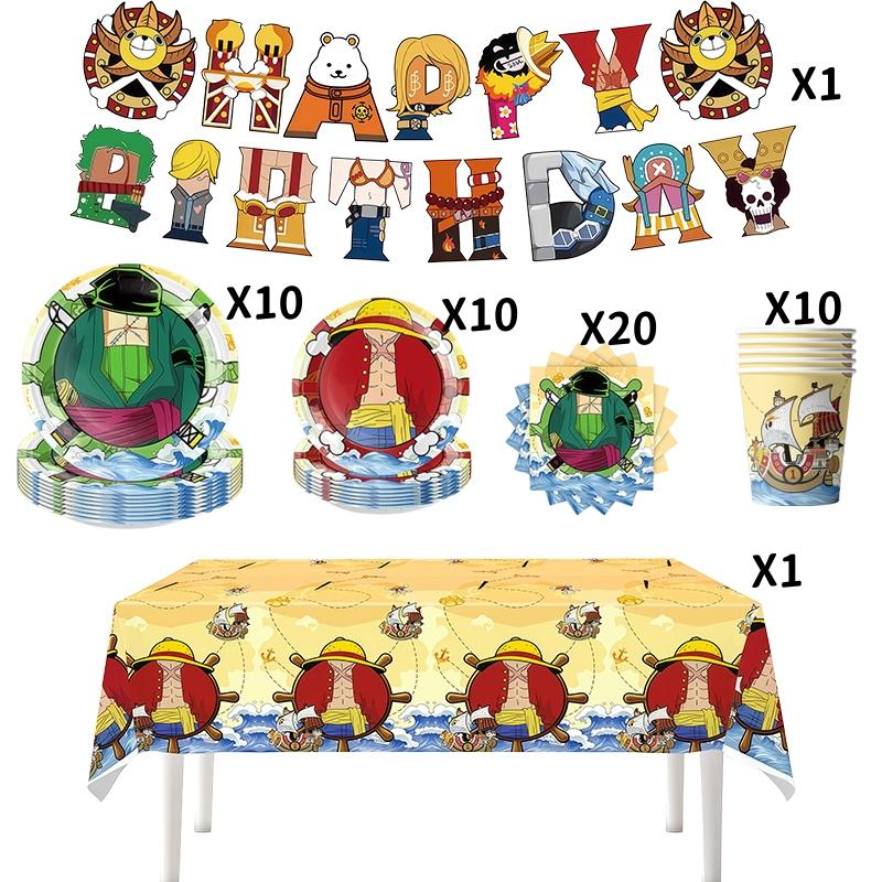 Anime One Piece Disposable Tableware Birthday Party Decoration, Cartoon Luffy Zoro Tableware Tablecloth Balloon Party Supplies