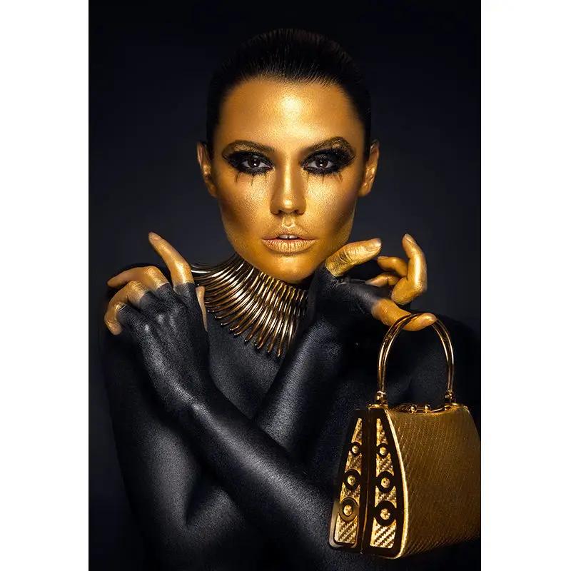 African Art Black and Gold Woman Oil Painting On Canvas Picture for Living Room Contemplator Posters and Prints Scandinavian