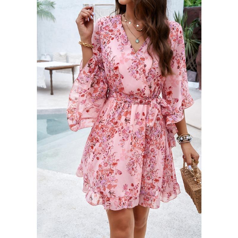 Women's Summer Vacation Casual Printed Lace-up Chiffon Dress
