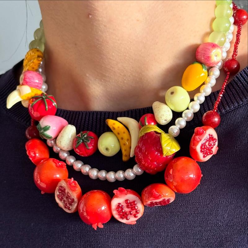 Vintage Stil Frucht Anhänger Halskette 3D Erdbeere Granatapfel Perlen Perlenkette Süßer Schmuck Für Frauen Täglichen Und Party Gebrauch
